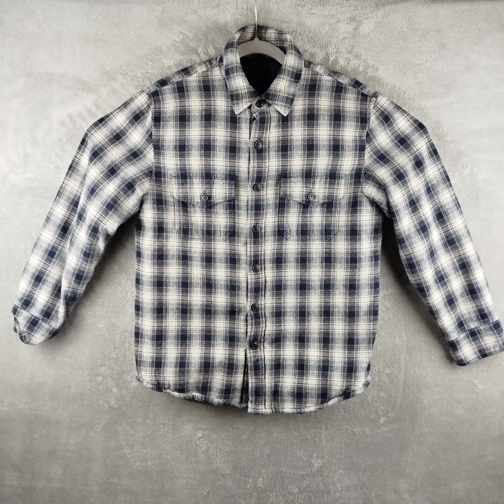 J Crew Flannel Jacket Mens Small Quilt Lined White Black Plaid Button Up Shacket